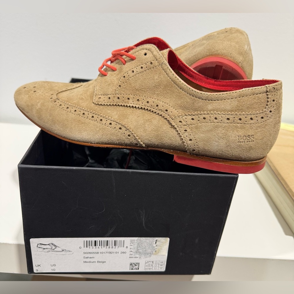 Hugo Boss Men's Tan Suede Oxfords with Red Laces